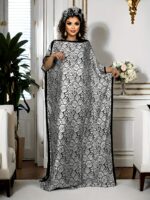 Elegant Black and White Geometric Kaftan with Floral Accents - All-Season, Non-Stretch Fabric, Perfect for Weddings, Parties, and Formal Events, Formal Event Attire|Elegant Kaftan|Geometric Pattern - Image 2