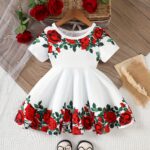 Single Piece Girls' Floral Print Dress - Bright Polyester Knit, Casual Fit, Suitable for Spring/Summer - Machine Washable, Girls' Clothing