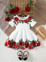 Single Piece Girls' Floral Print Dress - Bright Polyester Knit, Casual Fit, Suitable for Spring/Summer - Machine Washable, Girls' Clothing