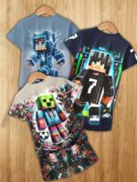⁦Boys' fashion 3D printed casual pullover short-sleeved T-shirt and short pants set, boys' outdoor T-shirt and short pants set, 6pcs set, Perfect for Outdoor⁩ - الصورة ⁦3⁩