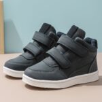 ⁦Boys Mid-Top Fashion Sneakers Sports Casual Shoes with Hook and Loop Fastener Closure, Solid Color, All-Season Comfort, Training and Daily Wear, Splicing Design with Sewing Thread - PU & Fabric Upper, Fabric Lining, TPR Sole⁩ - الصورة ⁦8⁩