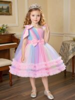 ⁦Elegant Girls' Colorful Gradient Tulle Dress with Ruffled Detail - Sleeveless, A-Line Princess Gown for Dance, Birthday, and Formal Events, Youngsters' Dress|Vibrant Aesthetic|Layered Tulle Fabric, Cute Dresses⁩ - الصورة ⁦3⁩