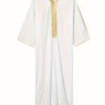 Men's Arabian Kaftan Dress - White Embroidered V-Neck Short Sleeve Robe with Golden Trim, Casual Polyester Maxi Jalabiya for Middle Eastern Style, Gift for Eld, Gift for Ramadan - Image 6
