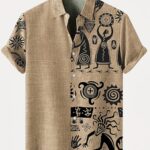 Men's Vintage Bohemian Linen Shirt - Khaki Short Sleeve Relaxed Fit with Tribal & Geometric Print, Button-Up Casual Summer Shirt for Outdoor Activities, Buttonup Ethnic Shirt | Ethnic Aesthetic Shirt | Textured Natural Look