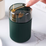 Automatic Pop-Up Toothpick Holder – Easy Press, Convenient Home & Restaurant Use, Green Plastic with Golden Accents, Transparent Lid, Stylish and Functional Toothpick Dispenser