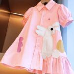 aiLe Rabbit Girls' Elegant Summer Dress - Pink with Bunny Embroidery, Ruffle Hem, Short Sleeve, Button-Up Collar, Non-Stretch Fabric, Perfect for Casual Wear, Cute Summer Dresses - Image 12