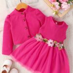 ⁦Girls' Casual Floral Dress with Long Sleeve Jacket Skirt Set⁩ - الصورة ⁦13⁩