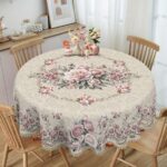 1pc Spring Floral Tablecloth - Vintage Rose & Floral Pattern, Pink & White Roses with Green Leaves, Perfect for Spring & Summer Decor, Ideal for Indoor/Outdoor Parties, Valentine'S Day, and Farmhouse Style, Polyester Material, Rectangular Shape, Ideal for