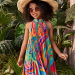 Boho Summer Loose Fit Non-Stretch Woven Pleated Tie Dye Halter Dress, Polyester, for Youth
