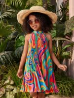 Boho Summer Loose Fit Non-Stretch Woven Pleated Tie Dye Halter Dress, Polyester, for Youth