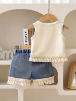 P101291 Girls' Stylish Fringed Top And Shorts Two-Piece Set, for Outdoor - Image 2