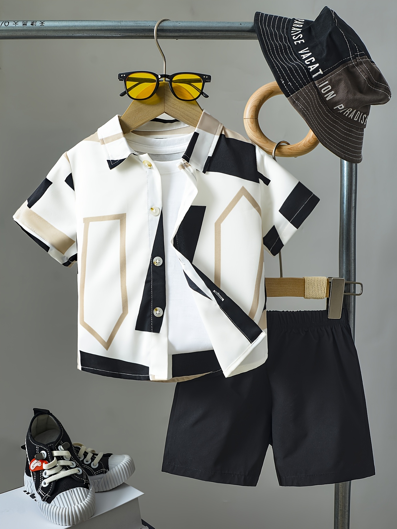 b186daeb-ae8c-4547-a445-6daa72ca68ec-1.jpg Boys' Summer Short Sleeve Shirt & Shorts Set - White with Black & Golden Geometric Print, Button-Up, Casual Outdoor Sportswear, Polyester, Non-Stretch Fabric, Perfect for Warm Weather, for Outdoor - Image 1