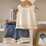 P101291 Girls' Stylish Fringed Top And Shorts Two-Piece Set, for Outdoor - Image 6