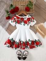 ⁦Single Piece Girls' Floral Print Dress - Bright Polyester Knit, Casual Fit, Suitable for Spring/Summer - Machine Washable, Girls' Clothing⁩ - الصورة ⁦2⁩