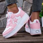 Girls' Pink & White Roller Skate Sneakers with Removable Wheels - Rotating Buckle Closure, Durable PU Upper & TPR Sole, Heart Design, Perfect for Sports, Training & All Seasons, Hand Wash or Dry Clean, Skate Shoes - Image 2