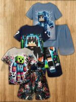 ⁦Boys' fashion 3D printed casual pullover short-sleeved T-shirt and short pants set, boys' outdoor T-shirt and short pants set, 6pcs set, Perfect for Outdoor⁩ - الصورة ⁦4⁩