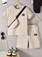 KIKOFENDY Boys' 3pcs Summer Outfit Set - Casual White Short Sleeve T-Shirt with Patched Letter Design, Beige Shorts & Fashionable Crossbody Bag, Perfect for Spring/Summer/Fall, for Outdoor - Image 2