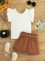 2pcs Trendy Girls Solid Flutter Trim T-Shirt Top + Shorts With Bow Belt Set For Summer Outdoor Outfit - Image 6