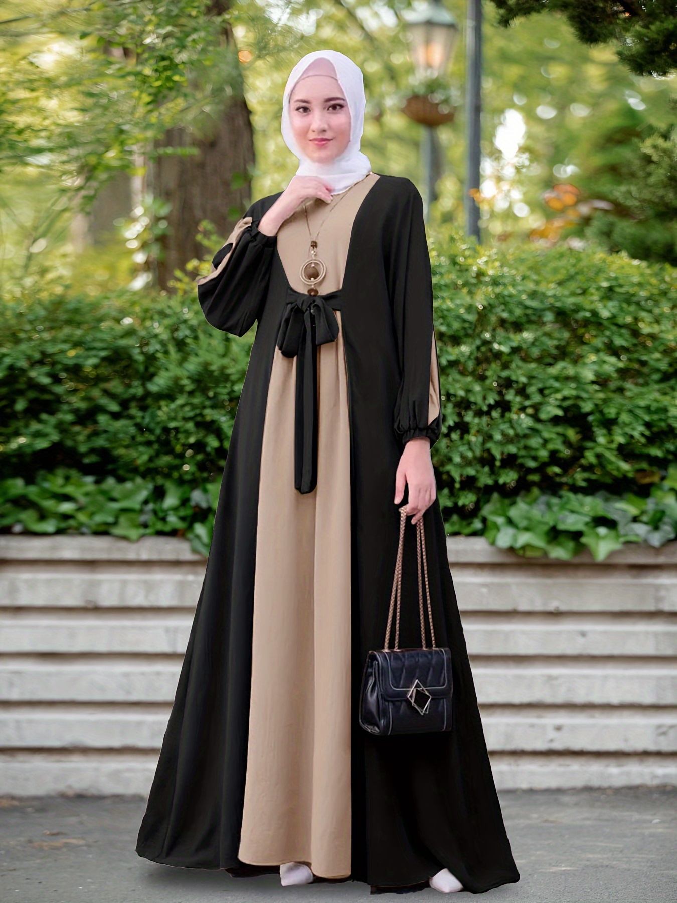 b34ca47f-0b43-4ae0-8b6e-6338710f9a0a.jpg Color Block Long Sleeve Maxi Dress With Tie Front, Elegant Muslim Crew Neck Modest Loose Dress, Women's Clothing - Image 1