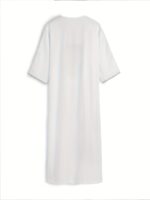 A Traditional Middle Eastern Men'S Garment, a Moroccan-Style Islamic Muslim Arab Long Robe, Featuring a White Round Neck with Silver-Gray Embroidery And Three-Quarter Sleeves, Suitable for Ramadan And Eid Celebrations. - Image 3