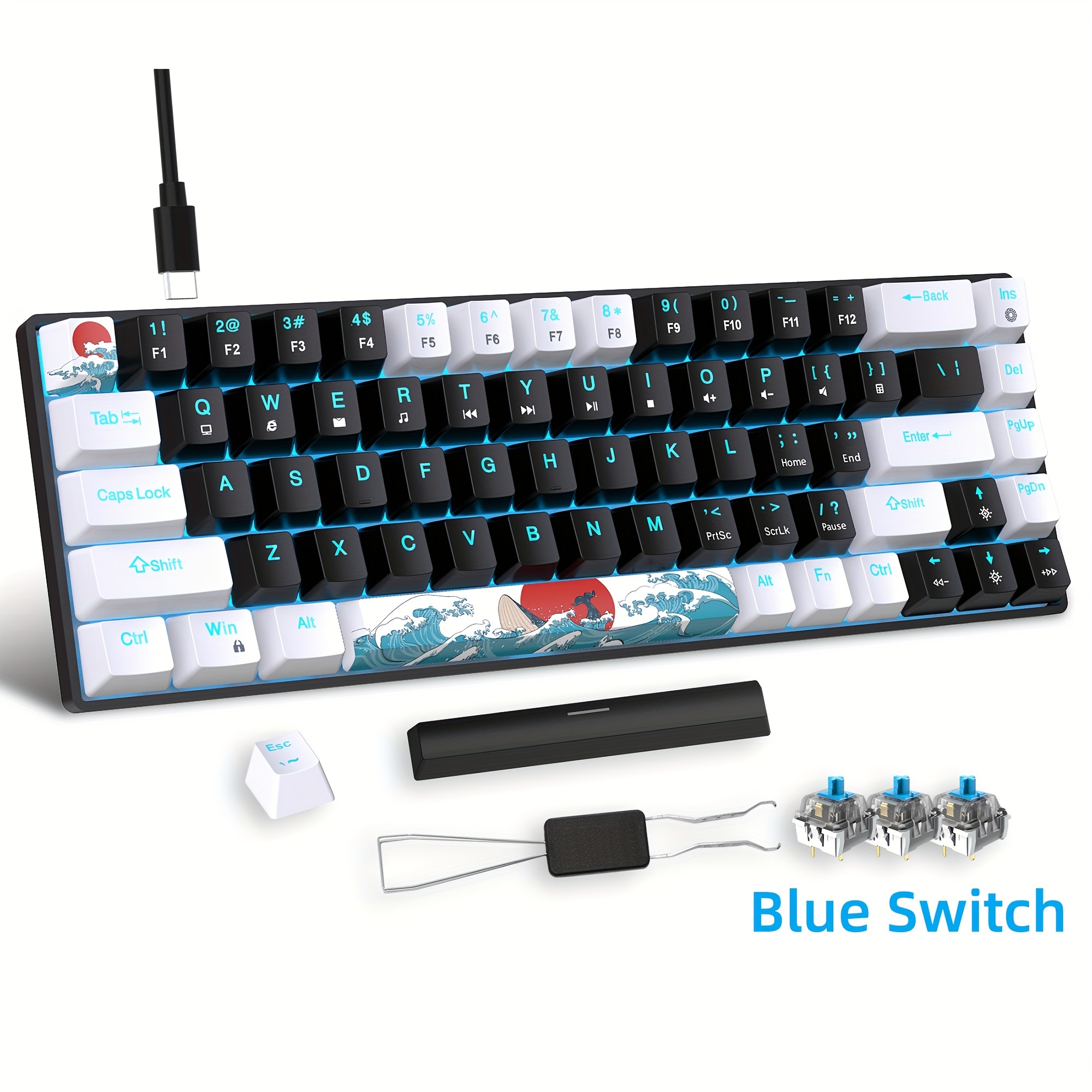 b391dc59-f942-4137-abc1-629cea910778.jpg Mechanical Gaming Keyboard, 68 Keys Gaming Keyboard with Blue/Switches, Detachable Type-C Cable Mini Keyboard with Blue Light for Windows/Mac/PC/Laptop only supports wired connection usage - Image 1