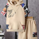 ⁦Boys' Summer Outing Casual Trendy Letter Print Hooded Short Sleeve Top + Elastic Waist Loose Casual Outing Sports Shorts Two-Piece Set, Perfect for Outdoor⁩ - الصورة ⁦6⁩