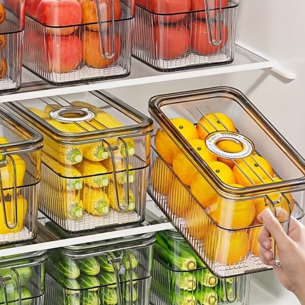 3pcs 1 Lid + 1 Box + 1 Draining Tray Large Capacity Timer Refrigerator Storage Container, Suitable for Fridge Kitchen Vegetable Fruit Beverage Organizer Food Storage Box, Accurate Record of Food Insertion Time to Avoid Expired Waste, Built-in Drainage Sys