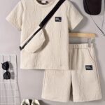 KIKOFENDY Boys' 3pcs Summer Outfit Set - Casual White Short Sleeve T-Shirt with Patched Letter Design, Beige Shorts & Fashionable Crossbody Bag, Perfect for Spring/Summer/Fall, for Outdoor - Image 11