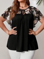 Plus Size Women's Floral Print Tie-Front Black Top with Adjustable Bow & Flutter Sleeves - Lightweight Semi-Sheer Summer Blouse, Machine Washable Elegant Pullover for Casual or Dressy Outfits, Floral Print Blouse, Casual Chic Top, Elegant Flutter Sleeves,