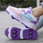 ⁦Fashion Roller Skates - Pink & White Low-Top Sneakers with Retractable Four-Wheel Design, Comfortable EVA Insole, Durable TPR Sole, Stylish Casual Shoes for Teens & Adults, All-Season Wear, Sports Casual Shoes | Midtop Sneakers | Fabric Upper Sneakers⁩ - الصورة ⁦2⁩