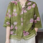 Women'S Casual Floral Print Blouse - Light Pink with Purple Floral Design, Long Sleeves, Button-Up, High Neck, Perfect for Spring/Summer, Casual Attire|Floral Print Top|Long Sleeve Shirt