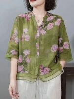 Women'S Casual Floral Print Blouse - Light Pink with Purple Floral Design, Long Sleeves, Button-Up, High Neck, Perfect for Spring/Summer, Casual Attire|Floral Print Top|Long Sleeve Shirt