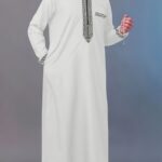 Men's White Hooded Kaftan with Black Embroidery & Faux Pockets - Long Sleeve Traditional Arabian Robe for Ramadan & Eid al-Adha Festivals, Casual Polyester Blend, Loose Fit, All-Season Wear, Casual Wear | Decorative Robe | Elastane Fabric