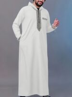Men's White Hooded Kaftan with Black Embroidery & Faux Pockets - Long Sleeve Traditional Arabian Robe for Ramadan & Eid al-Adha Festivals, Casual Polyester Blend, Loose Fit, All-Season Wear, Casual Wear | Decorative Robe | Elastane Fabric
