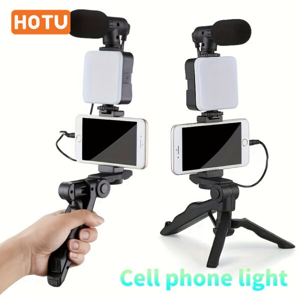 HOTU 1Set 10-Inch Portable Podcasting Kit, Live Phone Stand, Video Stabilizer Designed to Steady Your Phone Stand with a Fill Light Feature, Powered by AA Batteries (Not Included), Along with a Microphone for Live Streaming, Video Calls, And Vlogging.