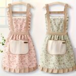Women's Floral Embroidered Apron with Adjustable Waist Tie - 72.01 cm Pink/Green Kitchen Cooking Baking Apron, Durable Polyester with Ruffled Shoulder Design for Home & Professional Use, Vintage Apron - Image 2