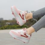 ⁦Fashion Roller Skates - Pink & White Low-Top Sneakers with Retractable Four-Wheel Design, Comfortable EVA Insole, Durable TPR Sole, Stylish Casual Shoes for Teens & Adults, All-Season Wear, Sports Casual Shoes | Midtop Sneakers | Fabric Upper Sneakers⁩ - الصورة ⁦4⁩