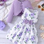 Girls' Flower Print Casual Vest Dress with Chest Measurement by Pulling + Solid Color Long Sleeve Jacket - Image 11