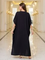 EDOLYNSA V-Neck Black Vine Embroidery Ethnic Style Short-Sleeved Slit Long Beach Dress Fashion Middle East Outdoor Loose Casual Outerwear Sunscreen Large Size Blouse Kaftan Q1758 - Image 2