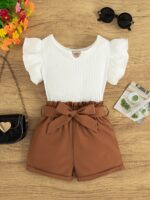 2pcs Trendy Girls Solid Flutter Trim T-Shirt Top + Shorts With Bow Belt Set For Summer Outdoor Outfit - Image 3