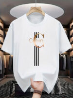 ⁦Men's Casual Calvin Print T-Shirt - Black with Golden Stripe Design, Comfortable Polyester Crew Neck Tee for Everyday Streetwear, Summer Essential⁩ - الصورة ⁦6⁩