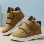 Boys Mid-Top Fashion Sneakers Sports Casual Shoes with Hook and Loop Fastener Closure, Solid Color, All-Season Comfort, Training and Daily Wear, Splicing Design with Sewing Thread - PU & Fabric Upper, Fabric Lining, TPR Sole