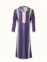 Men's Arabic Kaftan Robe - Traditional Striped Hooded Long Sleeve with Purple & Beige Vertical Stripes, Loose Fit for Ramadan Eid al-Adha & Gulf Festival, Breathable Casual Muslim Holiday Attire, Muslim Dress, Cultural Attire, Lightweight Fabric, Cultural - Image 3