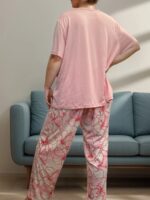 Large Size Women's Casual Green Solid Color T-shirt and Elegant Floral Long Pants Pajama Set - Image 3