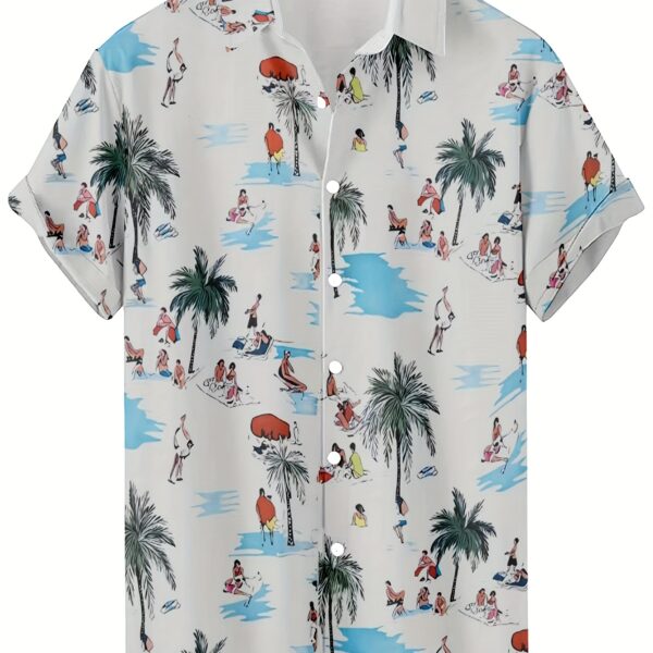 Retro Beach Vacation Scene 3D Print Men's Short Sleeve Hawaiian Shirt - Casual, Hip-Hop Rock Style, Lightweight Polyester Blend, Easy Care, Summer Essential