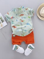 2pcs Baby Boys Dinosaur Print Button Short Sleeve Shirt Top & Elastic Waist Shorts Set Toddler Summer Clothes For Daily & Outdoor Wear - Image 2