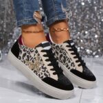 ⁦[Everyday Comfort] Women's Leopard Print Star Sneakers, Casual Lace-Up Low Top Shoes with Round Toe, Fabric Upper & Mesh Inner, PVC Sole, Polyurethane Insole - Spring Fashion, Everyday Shoes|Leopard Print Sneakers|Artificial Cover Sneakers⁩ - الصورة ⁦2⁩
