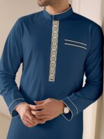 Men'S Elegant White Abaya with Golden Stripe Embroidery - Long Sleeve, Stand Collar, Loose Fit, All-Season Traditional Middle Eastern Attire for Ramadan & Al-Adha, Musli