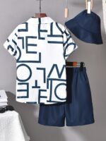 KIKOFENDY Boys' 3pcs Summer Vacation Set - Casual Alphabet Print Shirt, Comfortable Shorts & Stylish Sun Hat with Button Details, Non-Stretch Fabric, Regular Fit for Beach & Outdoor Activitie, for Outdoor - Image 3