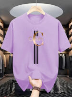 ⁦Men's Casual Calvin Print T-Shirt - Black with Golden Stripe Design, Comfortable Polyester Crew Neck Tee for Everyday Streetwear, Summer Essential⁩ - الصورة ⁦9⁩